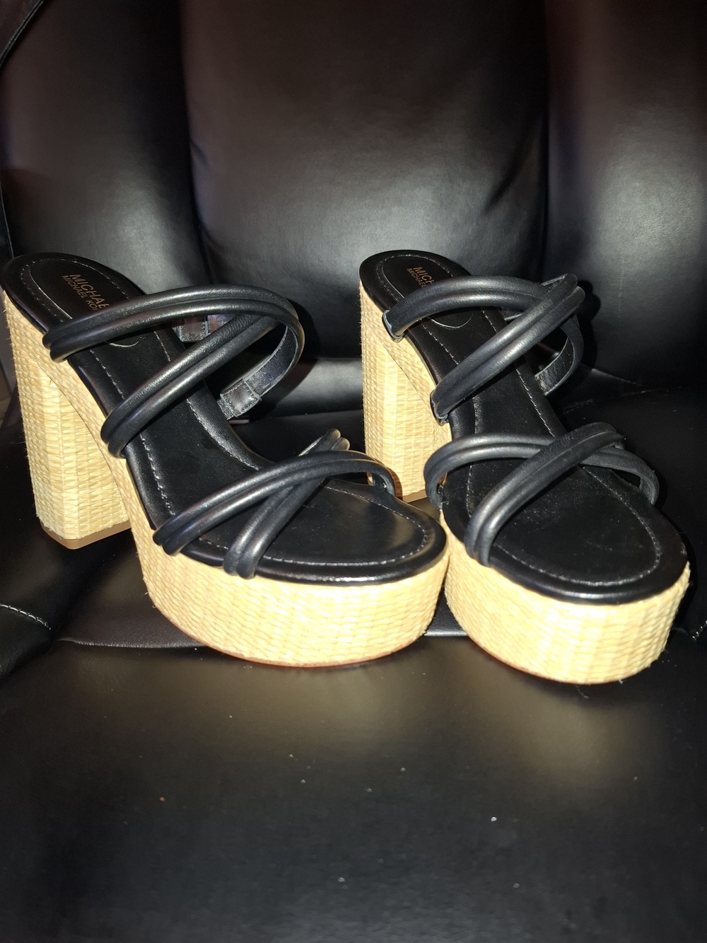 Michael Kors Black Strappy Platform Sandals with Woven Tan Platform